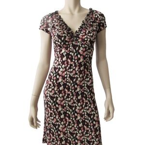 BCBGMAXAZRIA Ruffle V Neck Autumn Bloom Cap Sleeve Knee Length Dress XS